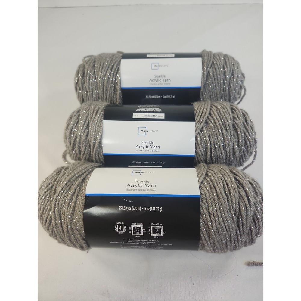 Lot Of 3 Mainstay Sparkle Acrylic Yarn Taupe Splash/Gray 4 Medium 251 Yds Each